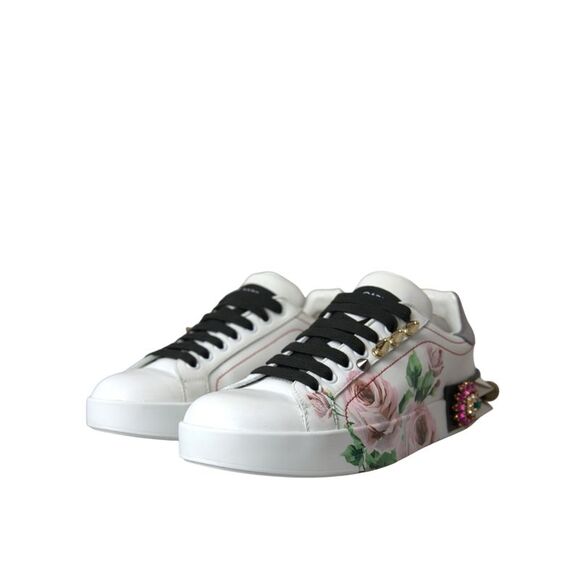 Dolce & Gabbana White Leather Crystal Roses Floral Sneakers Women's Shoes - Picture 3 of 6